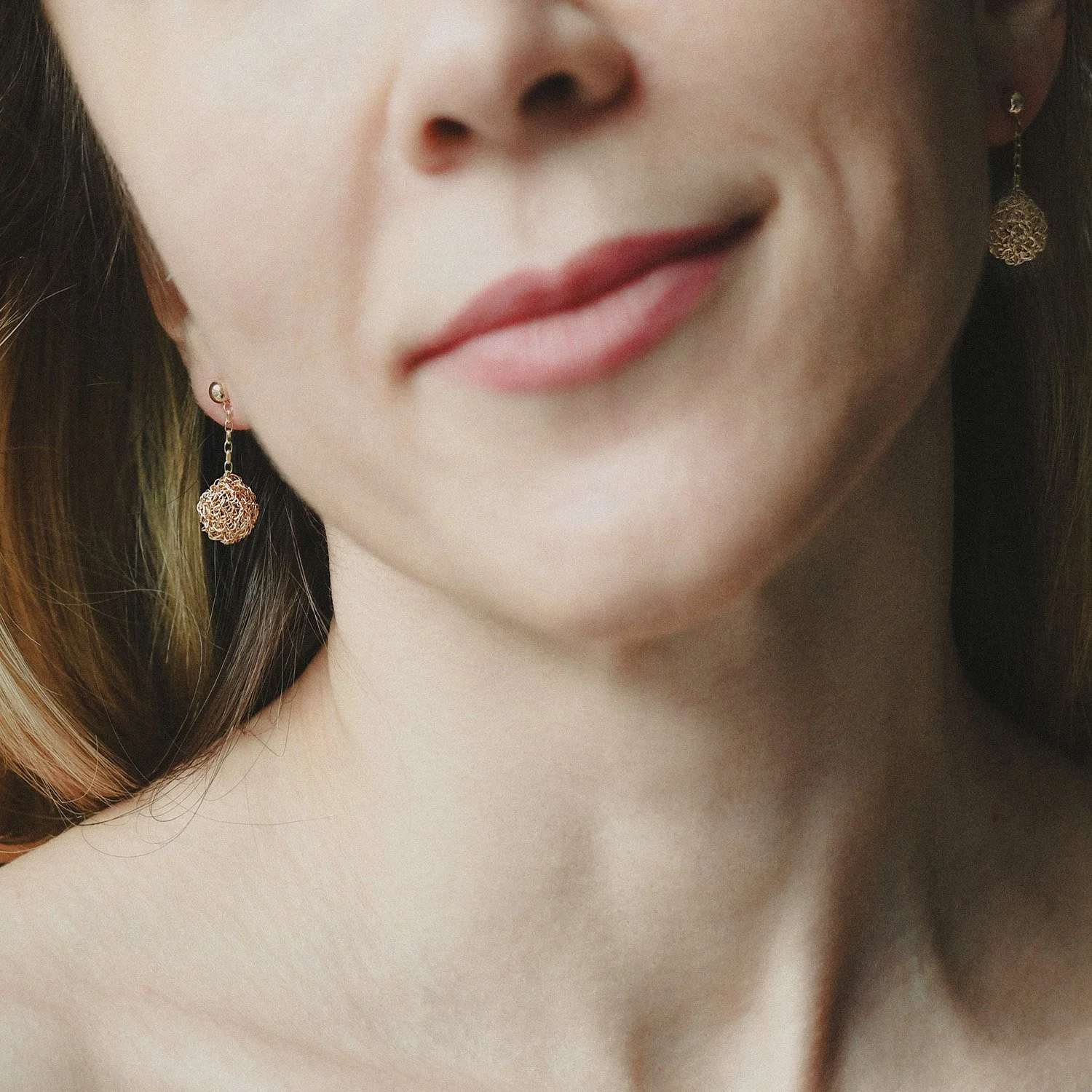 Classic Large Hand Crocheted Yellow Gold Round Dangle Earrings